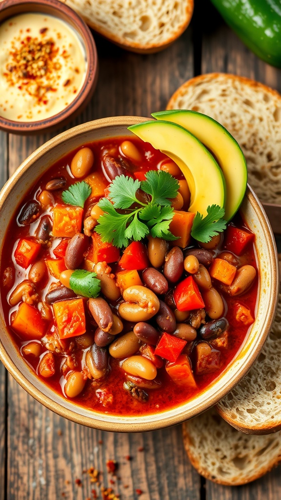 A colorful bowl of vegan chili with beans, tomatoes, bell peppers, garnished with cilantro and avocado slices on a rustic table.
